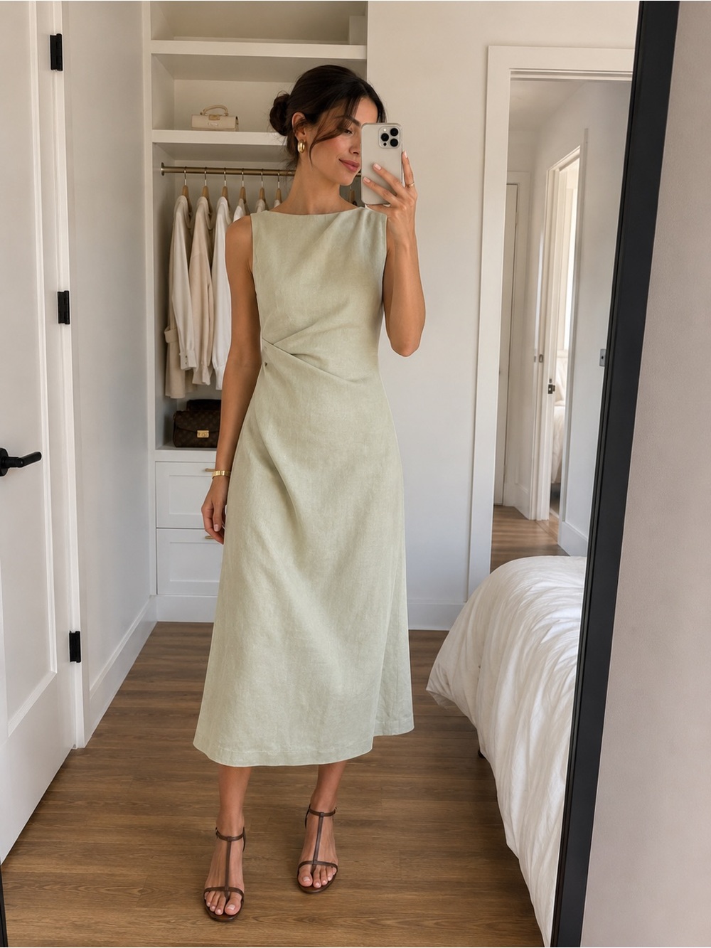 Theory Minimalist Draped Linen Blend Sleeveless Midi Dress Aloe Green Size 2 NWT